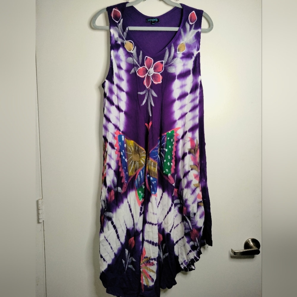 Bella Moda (Plus Size) Multicolored Tie Dye Butterfly & Floral Print Tank Dress - Picture 2 of 7